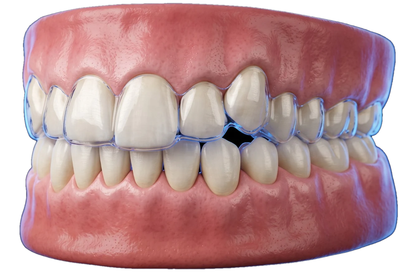 Ilustración 3D: los mismos dientes con un alineador transparente colocado